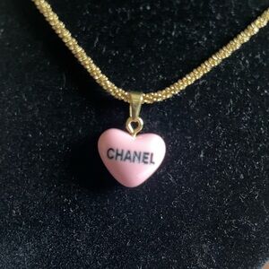 CHANEL Pink Heart Necklace Chanel jewel pouch, gift card Chanel # five perfume